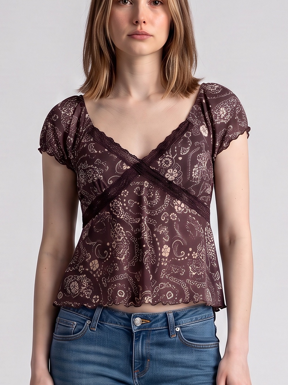 La Pêche Y2K Floral Lace Trim mesh Blouse poof Sleeve Fairy coquette cottagecore